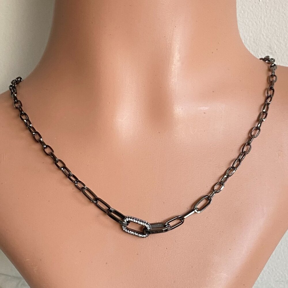 NWT Fifth Avenue Gunmetal Chain Link Crystal Pave Necklace Edgy Luxe